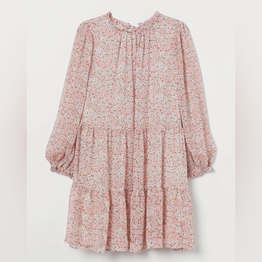 H&M Floral Pink Chiffon Long Sleeve Dress Size Small like new